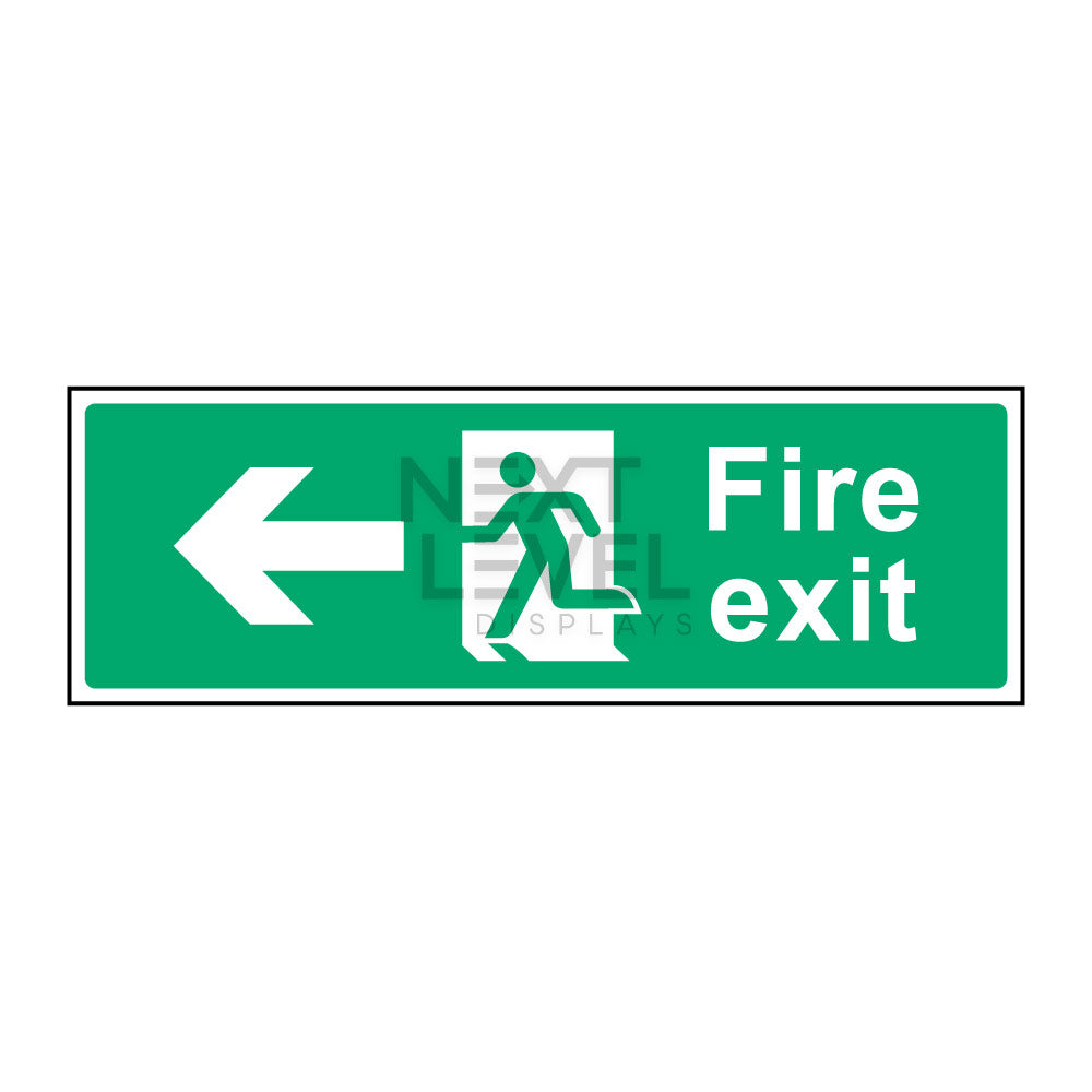 a green safety sign with left arrow in white