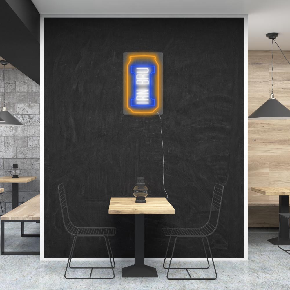 neon sign of irn bru can on a wall