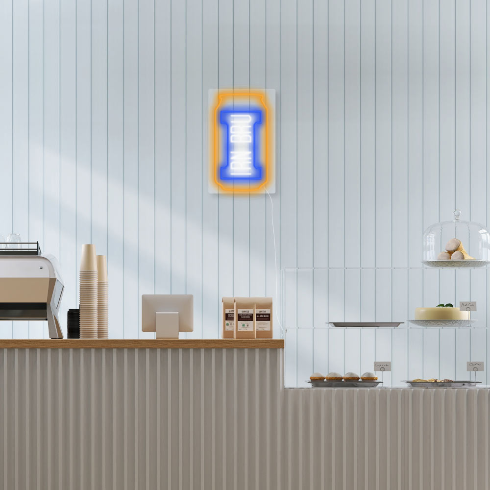 irn bru neon sign on cafe wall