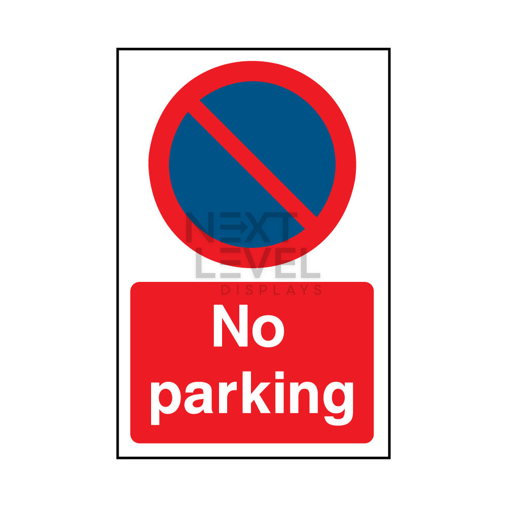 a red and blue no parking sign with circle