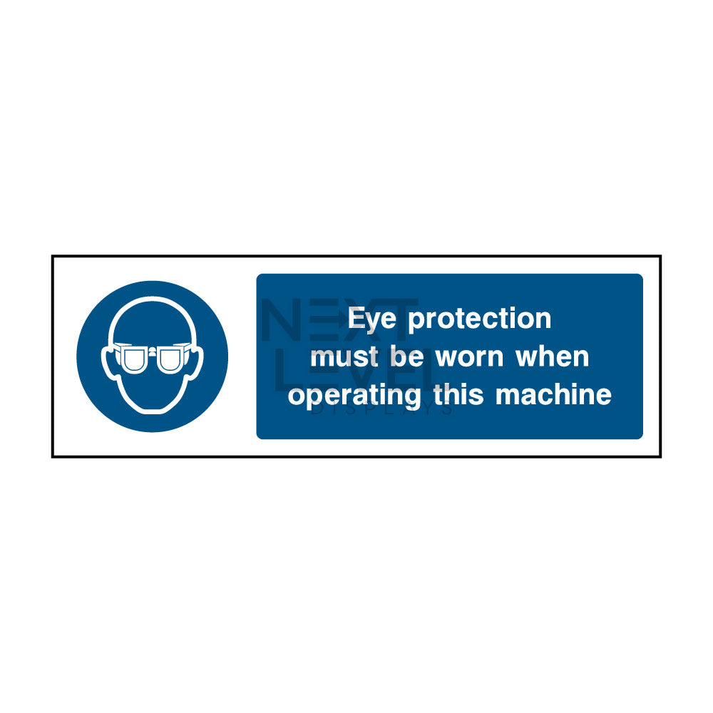a blue and white eye protection sign