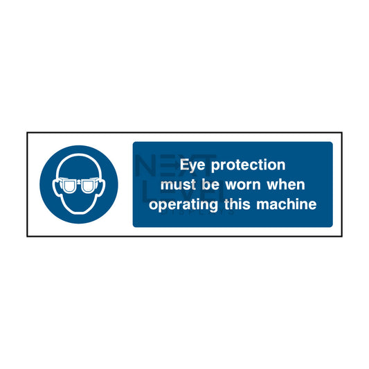 a blue and white eye protection sign