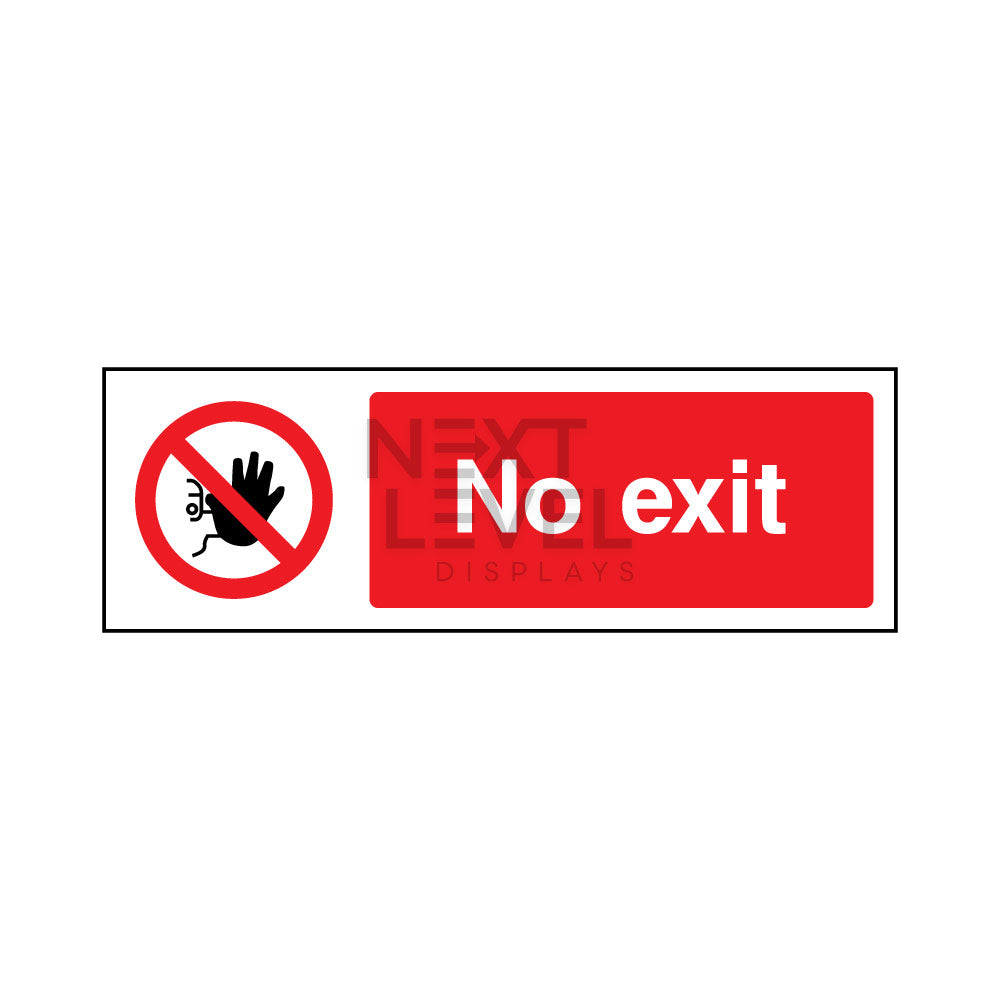 a red and white no exit sign with black hand