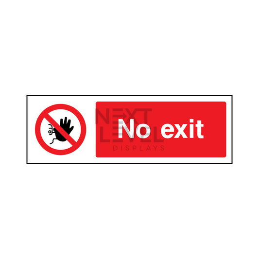 a red and white no exit sign with black hand