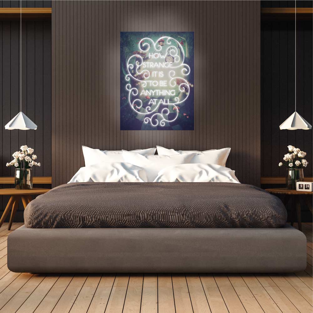alice in wonderland wall picture above a bed