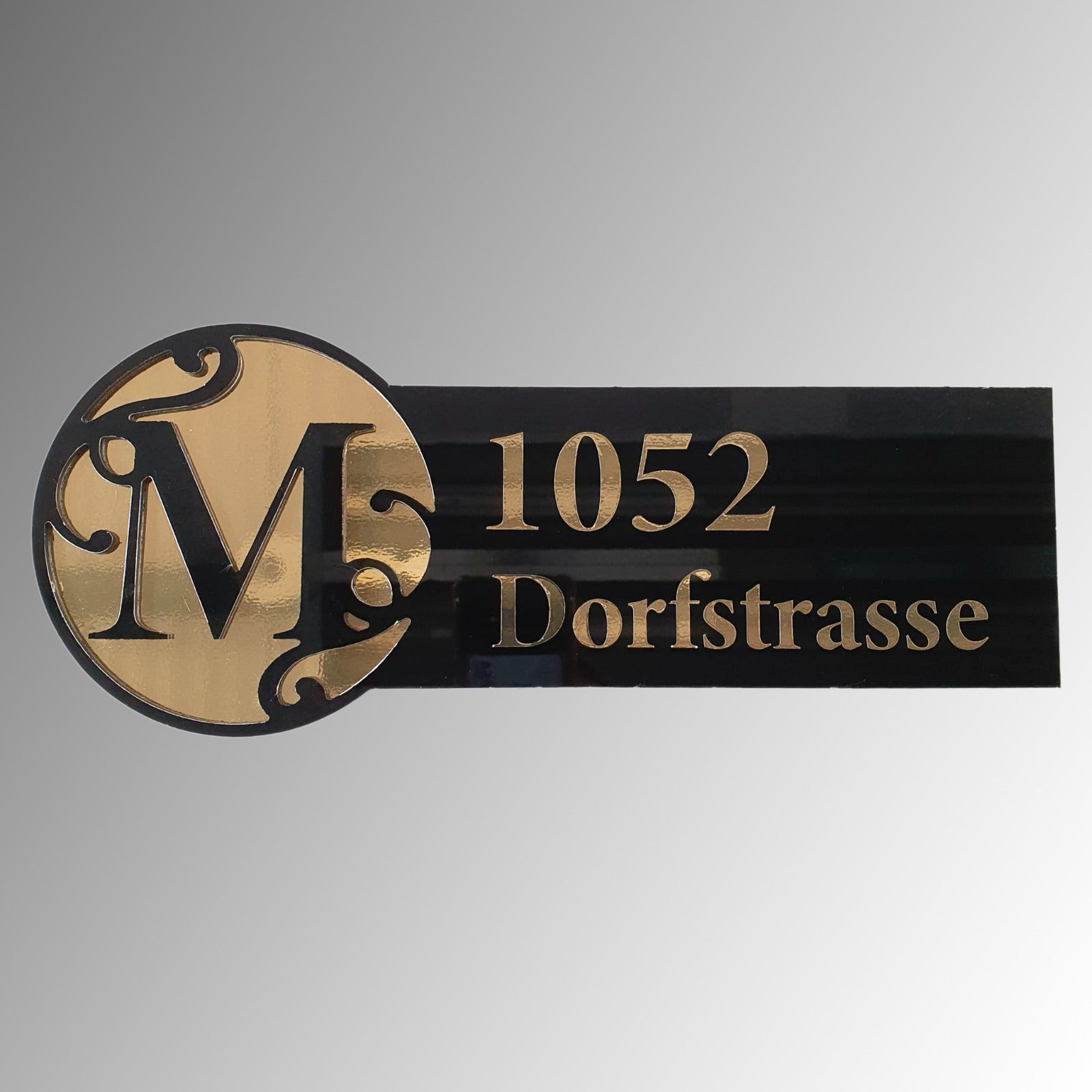 european house sign with street name and number black with gold