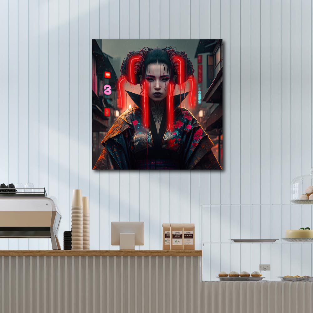 a neon sign hanging on a wall with a japanese woman