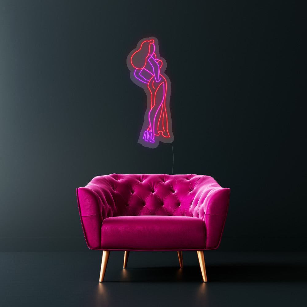 jessica rabbit neon sign with red and purple lights