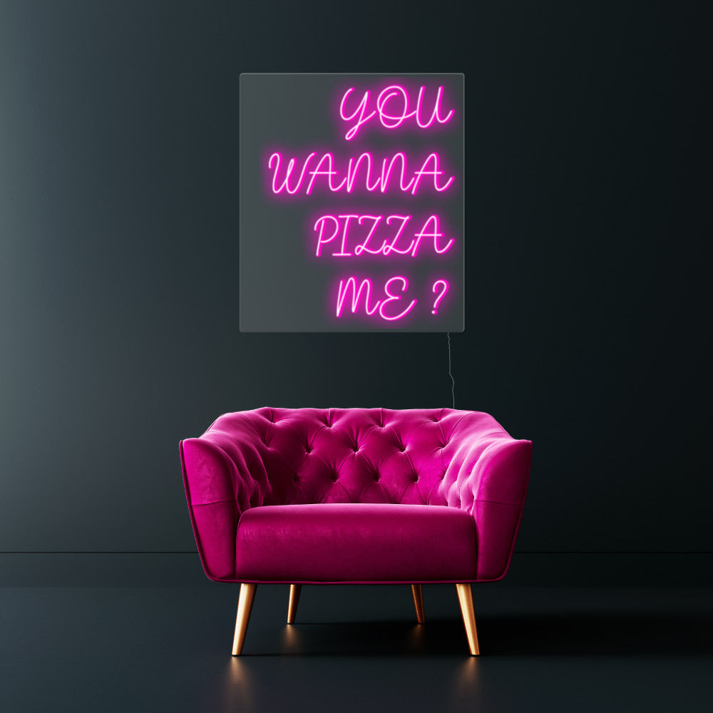 You wanna Pizza me -slang jargon about a pizza quote above a pink chair suitable for shop or restaurant
