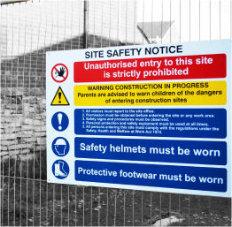 Site safety notice sign on a gate fence