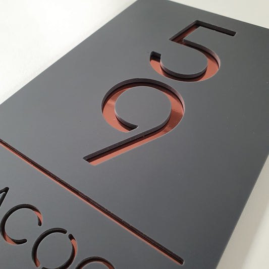 grey house sign showing copper numbers and text