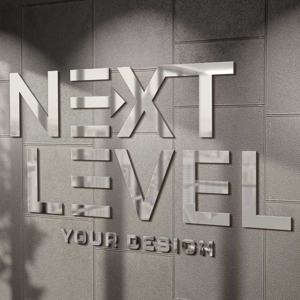 silver router cut text saying next level on a wall showcasing a 3d cut logo in all letters