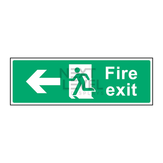 a green safety sign with left arrow in white