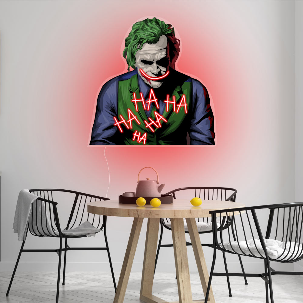 printed neon sign above a table