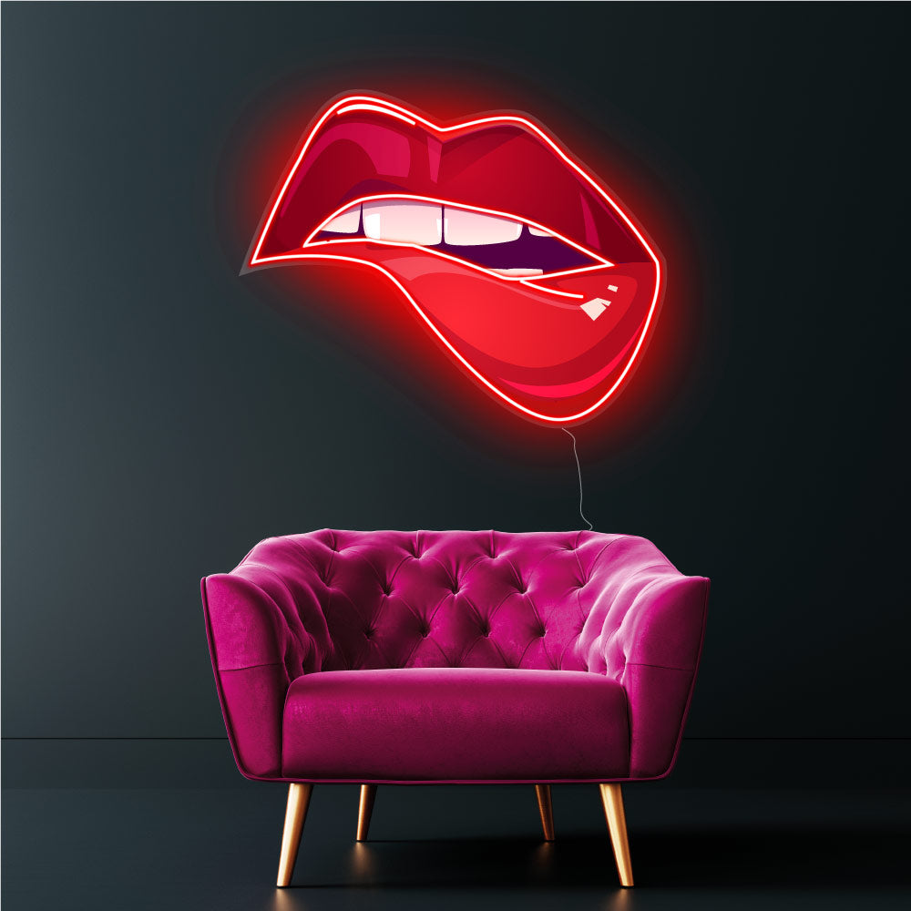 red lips biting teeth neon sign