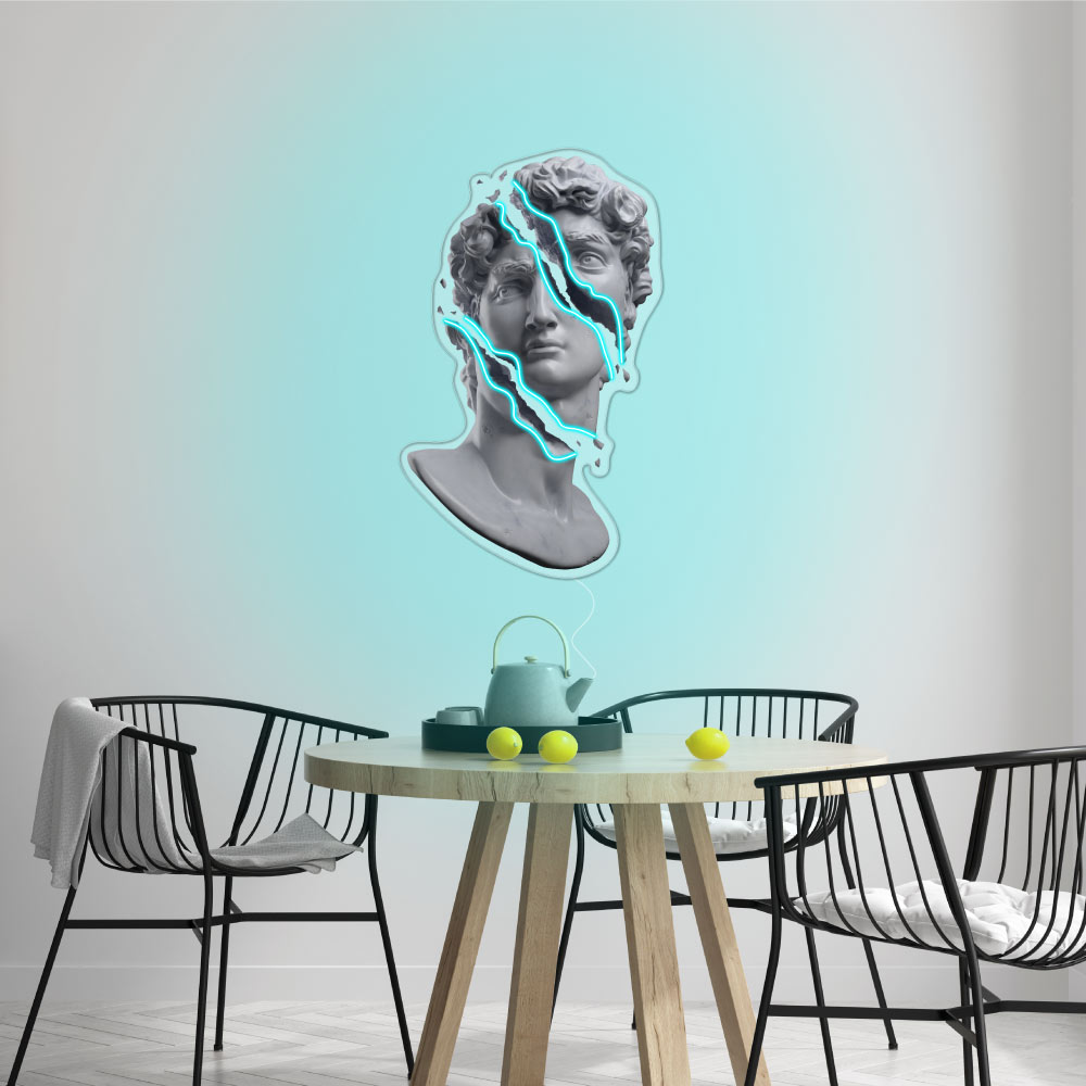 printed image of Michelangelos head neon sign