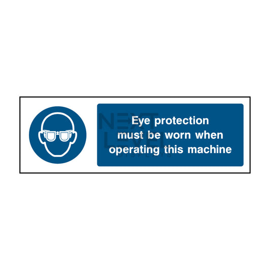 a blue and white eye protection sign 