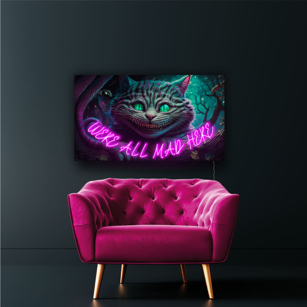 cheshire cat smiling with pink neon leds