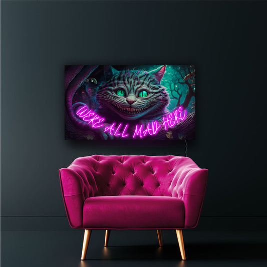 cheshire cat smiling with pink neon leds
