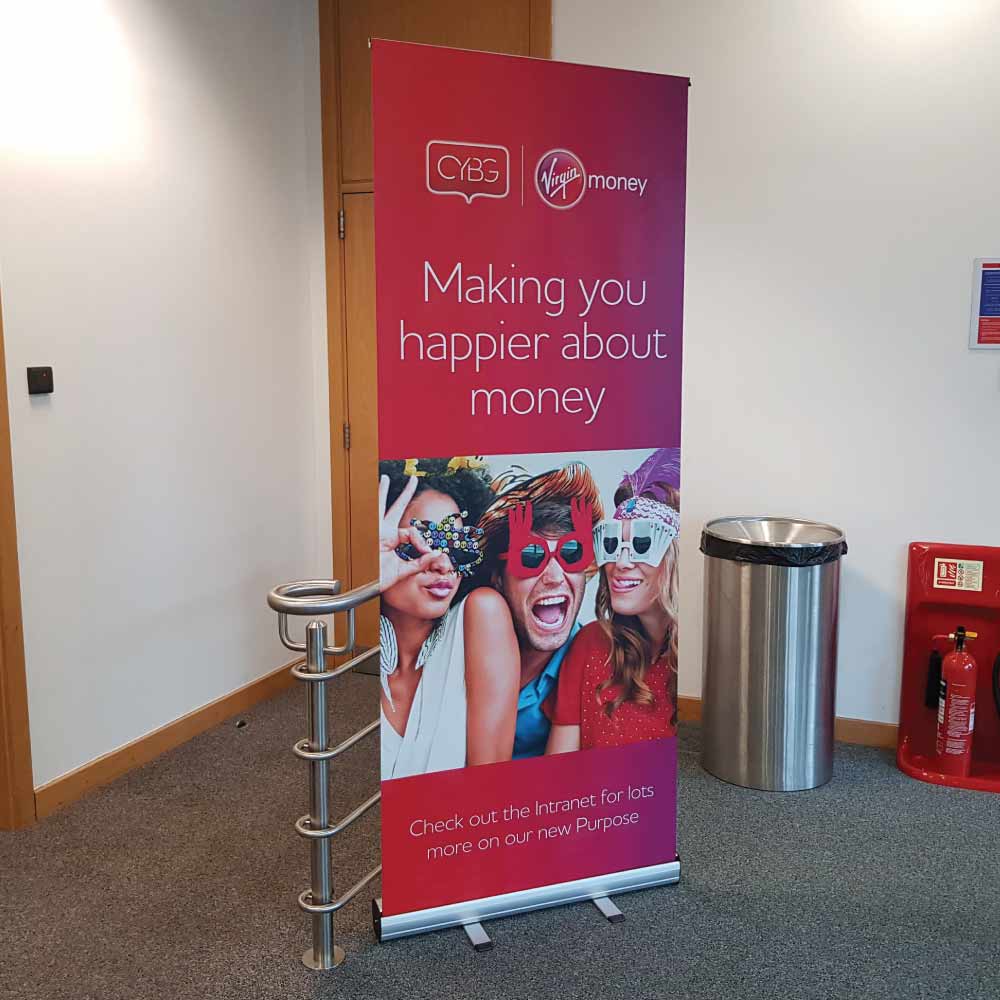 a printed red banner used for advertising