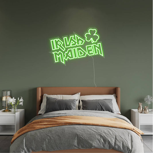 Green irish maiden neon sign on a wall