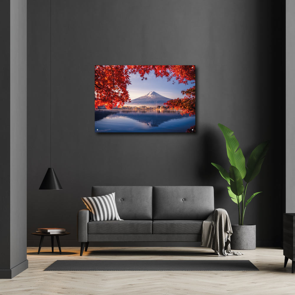 wall art decor of japans mount fiji with red trees