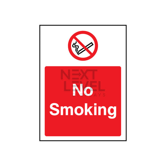No smoking sign with red and white text and a circle 