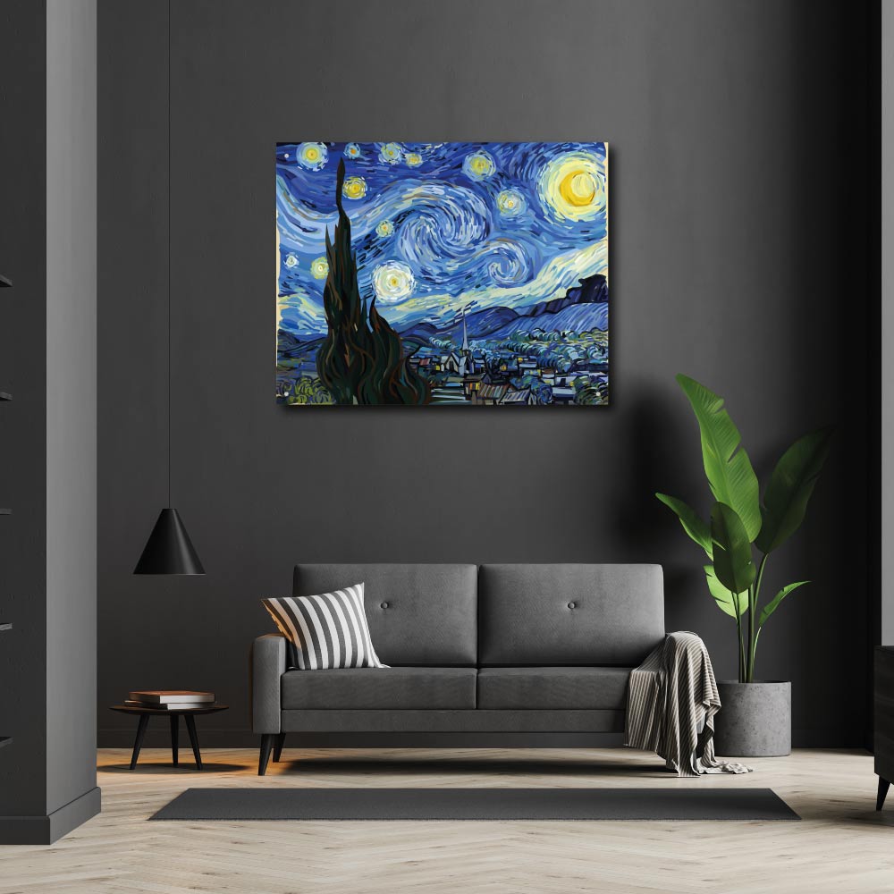 the starry night hangin up in a living room on display