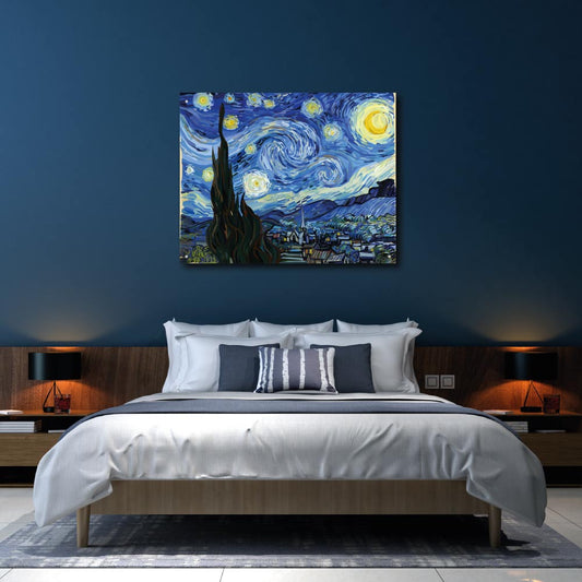 starry night print on acrylic hanging in a bedroom